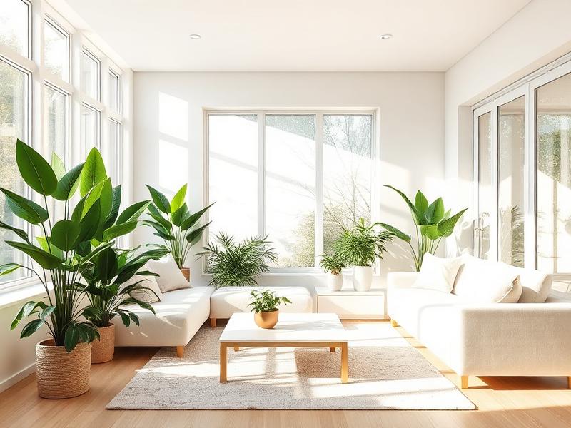 Modern eco-friendly house cleaning service - pristine living room with natural light, clean kitchen, and organized spaces